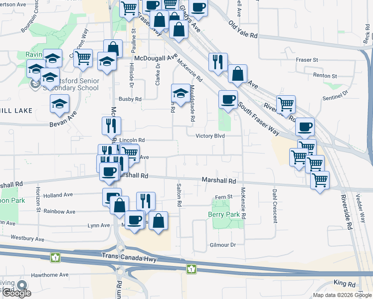 map of restaurants, bars, coffee shops, grocery stores, and more near 33827 Mayfair Avenue in Abbotsford