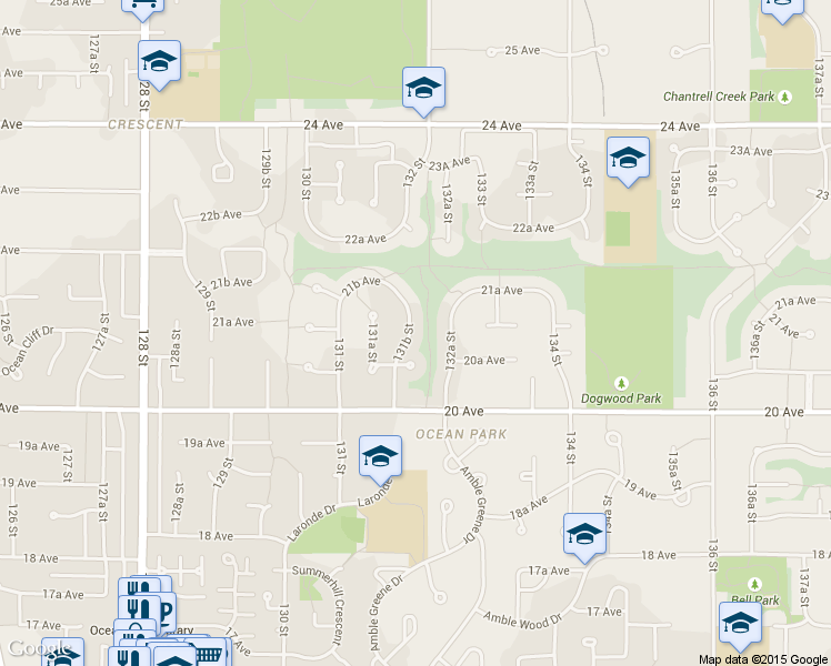 map of restaurants, bars, coffee shops, grocery stores, and more near 2104 131B Street in Surrey