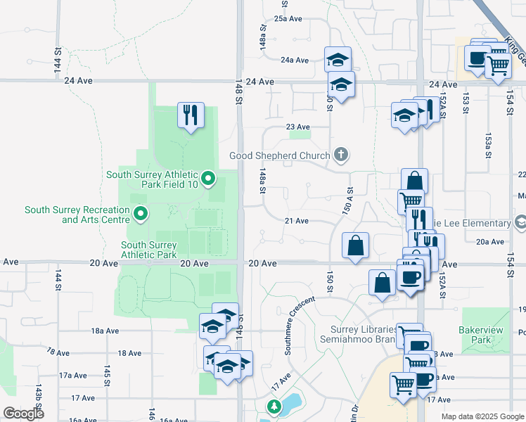 map of restaurants, bars, coffee shops, grocery stores, and more near 14854 21 Avenue in Surrey