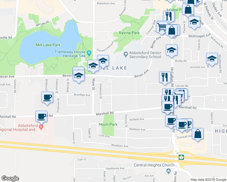 map of restaurants, bars, coffee shops, grocery stores, and more near 2114 Sandalwood Crescent in Abbotsford