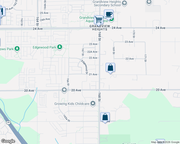 map of restaurants, bars, coffee shops, grocery stores, and more near 16755 21 Avenue in Surrey