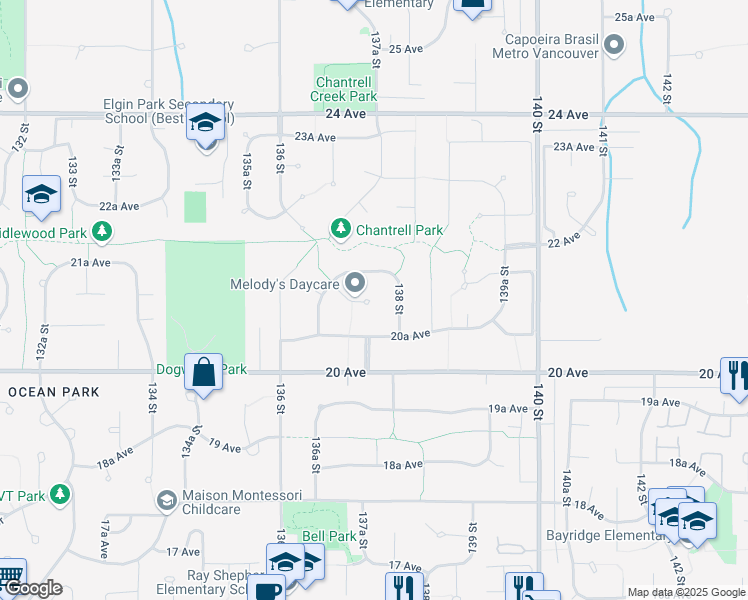 map of restaurants, bars, coffee shops, grocery stores, and more near 13771 21 Avenue in Surrey