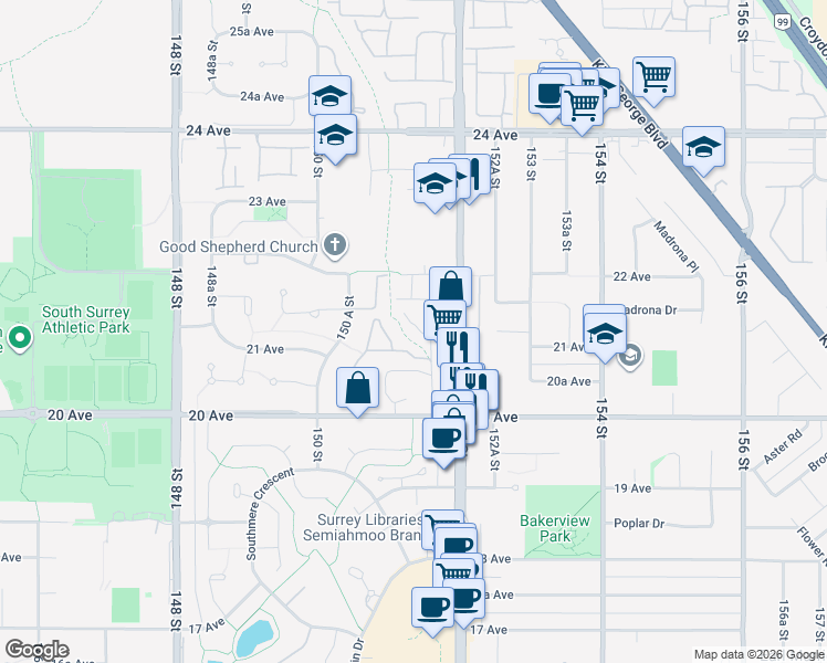 map of restaurants, bars, coffee shops, grocery stores, and more near 2133 151A Street in Surrey