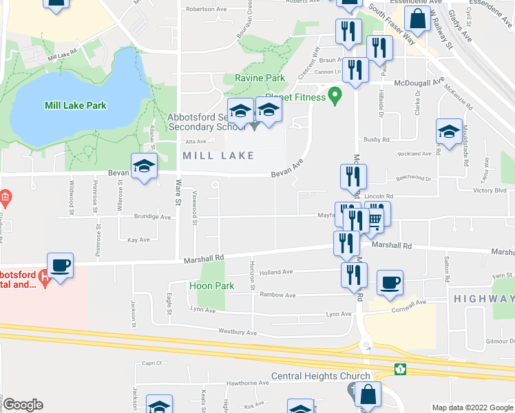 map of restaurants, bars, coffee shops, grocery stores, and more near 33375 Mayfair Avenue in Abbotsford