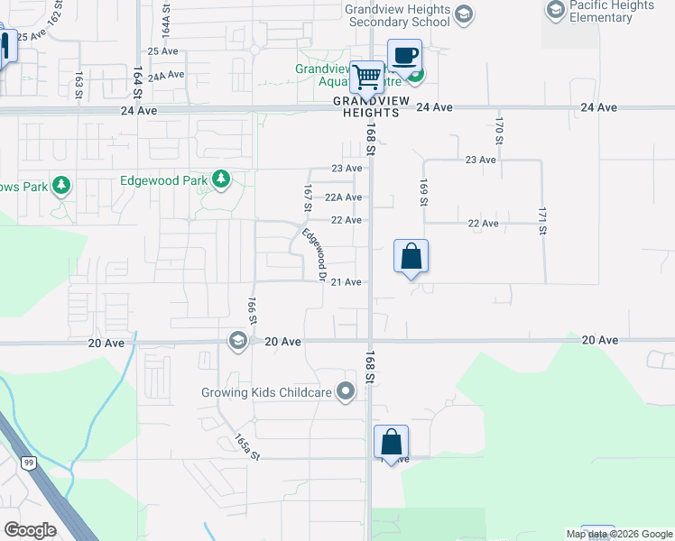 map of restaurants, bars, coffee shops, grocery stores, and more near 16761 21 Avenue in Surrey
