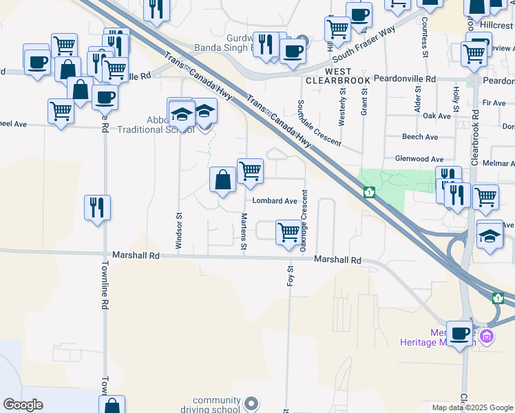 map of restaurants, bars, coffee shops, grocery stores, and more near 31520 Lombard Avenue in Abbotsford