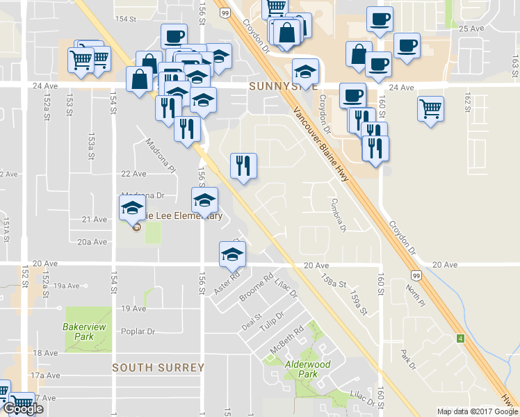 map of restaurants, bars, coffee shops, grocery stores, and more near in Surrey