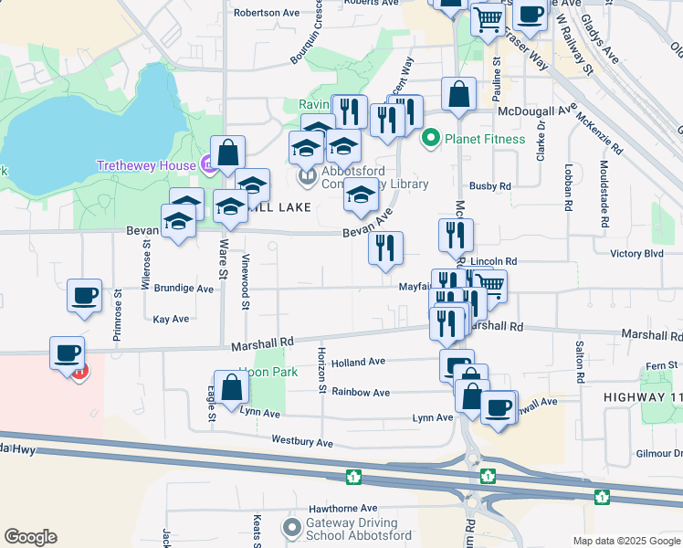 map of restaurants, bars, coffee shops, grocery stores, and more near 33401 Mayfair Avenue in Abbotsford