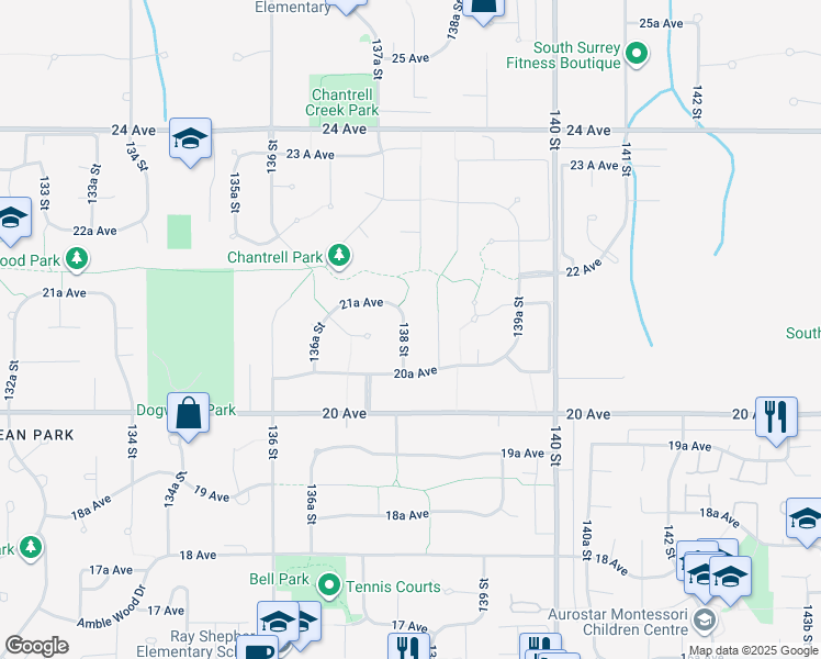 map of restaurants, bars, coffee shops, grocery stores, and more near 2122 138 Street in Surrey