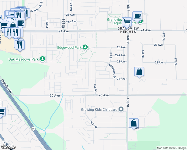 map of restaurants, bars, coffee shops, grocery stores, and more near 2115 166 Street in Surrey