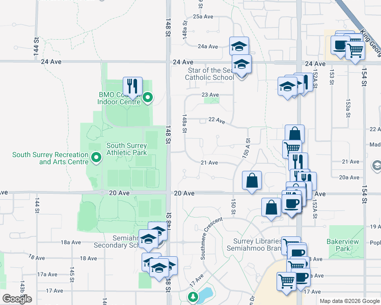 map of restaurants, bars, coffee shops, grocery stores, and more near 14859 21 Avenue in Surrey