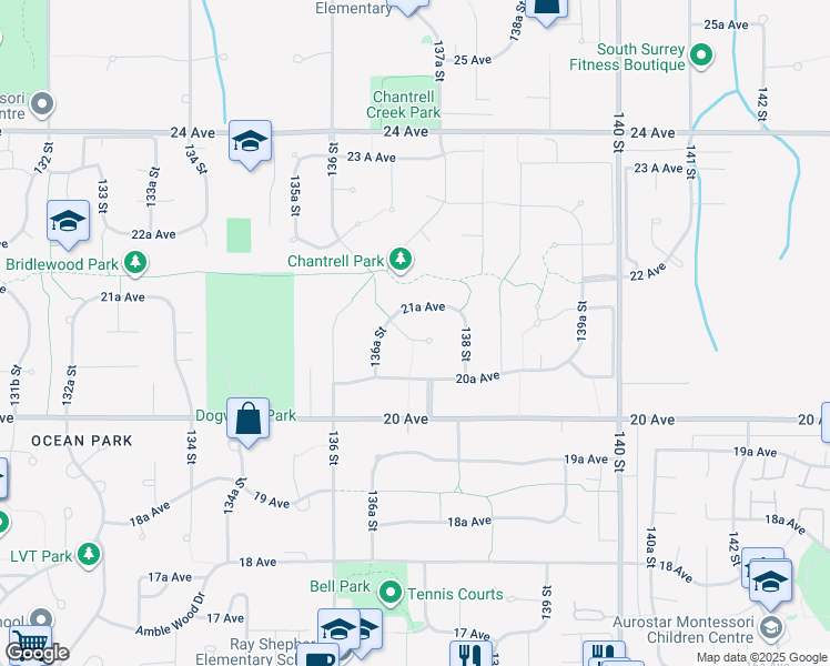 map of restaurants, bars, coffee shops, grocery stores, and more near 13681 21 Avenue in Surrey