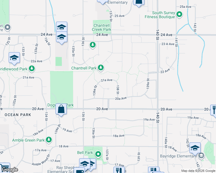 map of restaurants, bars, coffee shops, grocery stores, and more near 13749 21 Avenue in Surrey