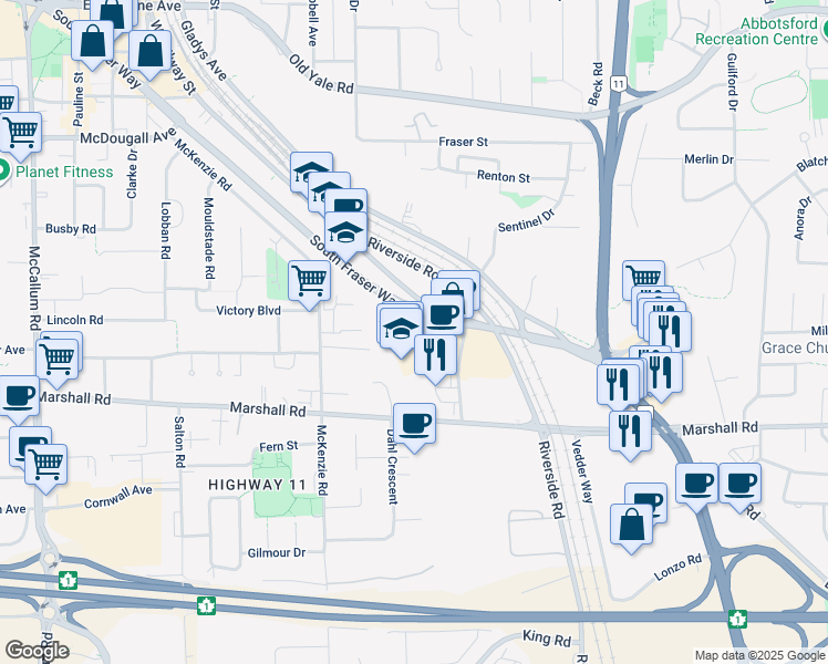 map of restaurants, bars, coffee shops, grocery stores, and more near 39200 South Fraser Way in Abbotsford