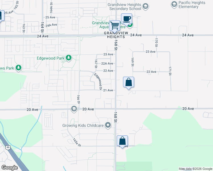 map of restaurants, bars, coffee shops, grocery stores, and more near 16771 21 Avenue in Surrey