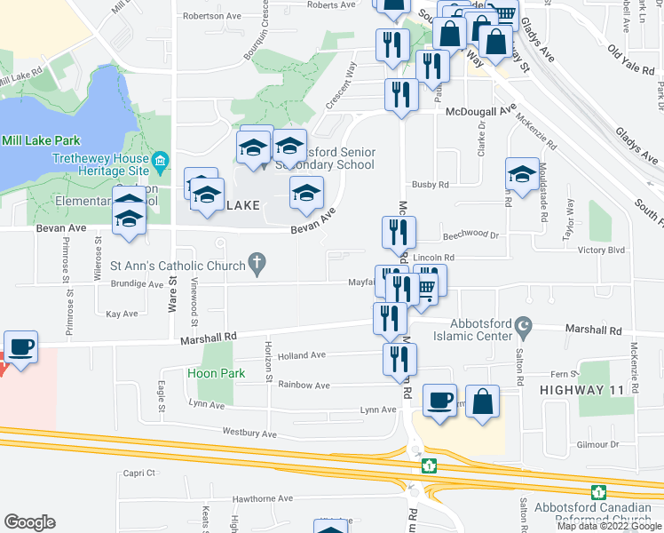 map of restaurants, bars, coffee shops, grocery stores, and more near 33490 Cottage Lane in Abbotsford
