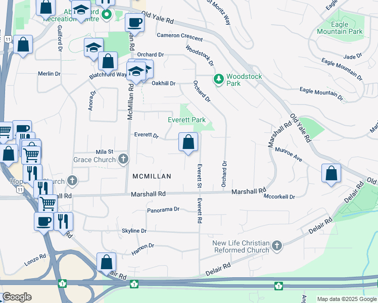 map of restaurants, bars, coffee shops, grocery stores, and more near 2138 Essex Drive in Abbotsford