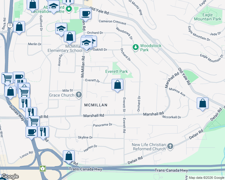 map of restaurants, bars, coffee shops, grocery stores, and more near 34963 Edgeview Place in Abbotsford