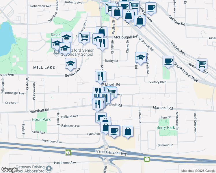 map of restaurants, bars, coffee shops, grocery stores, and more near 33655 Lincoln Road in Abbotsford