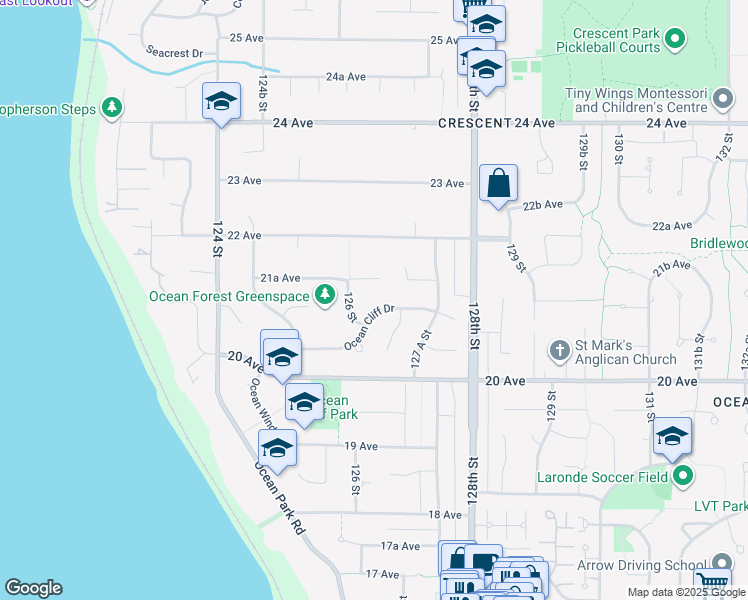 map of restaurants, bars, coffee shops, grocery stores, and more near 12665 Ocean Cliff Drive in Surrey