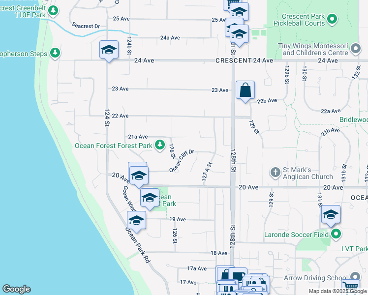 map of restaurants, bars, coffee shops, grocery stores, and more near 12665 Ocean Cliff Drive in Surrey