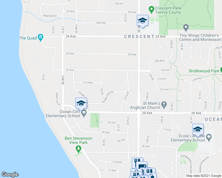 map of restaurants, bars, coffee shops, grocery stores, and more near 12673 Ocean Cliff Drive in Surrey