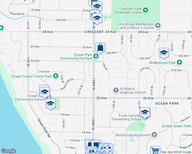 map of restaurants, bars, coffee shops, grocery stores, and more near 2138 128th Street in Surrey