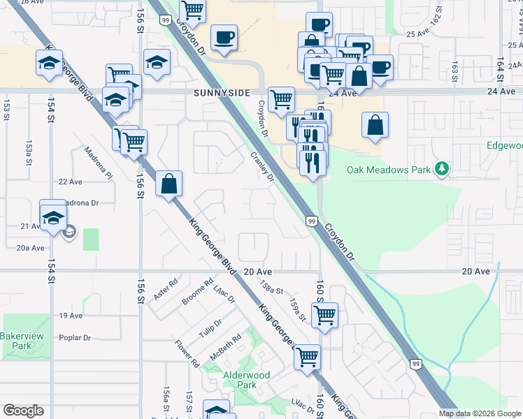 map of restaurants, bars, coffee shops, grocery stores, and more near 15872 Yorkshire Place in Surrey