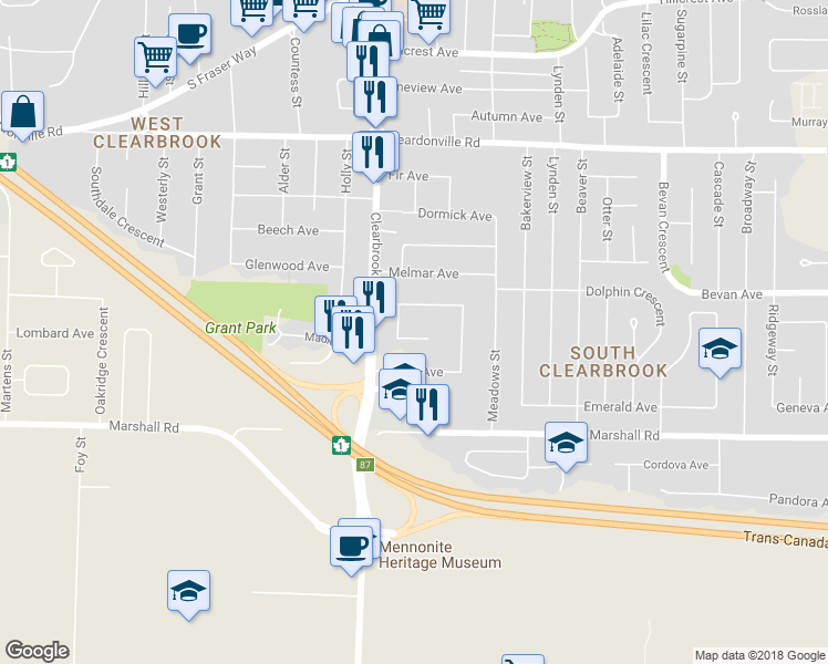 map of restaurants, bars, coffee shops, grocery stores, and more near 2134 Chateau Place in Abbotsford
