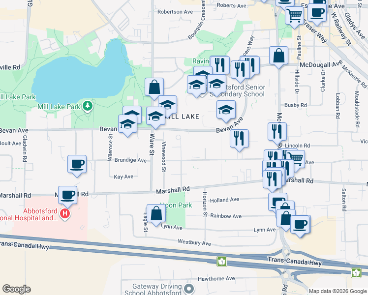 map of restaurants, bars, coffee shops, grocery stores, and more near 2130 Sandalwood Crescent in Abbotsford