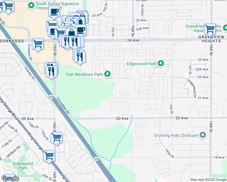 map of restaurants, bars, coffee shops, grocery stores, and more near 16325 21 Avenue in Surrey