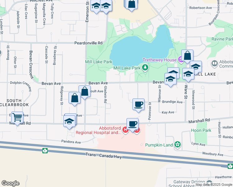 map of restaurants, bars, coffee shops, grocery stores, and more near 32870 Bevan Way in Abbotsford