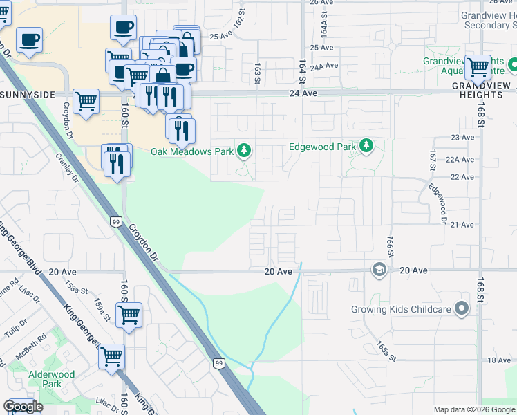 map of restaurants, bars, coffee shops, grocery stores, and more near 16325 21 Avenue in Surrey