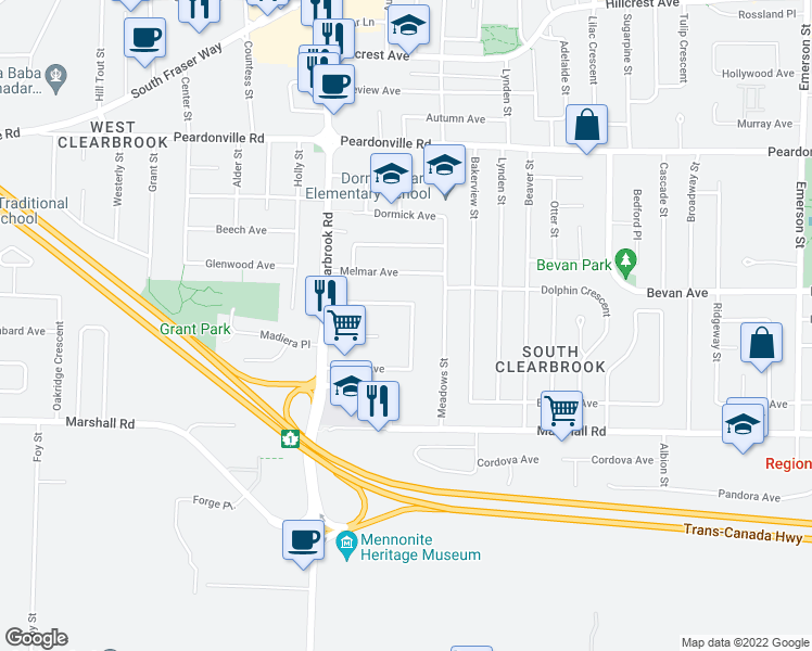 map of restaurants, bars, coffee shops, grocery stores, and more near 2141 Sherwood Crescent in Abbotsford