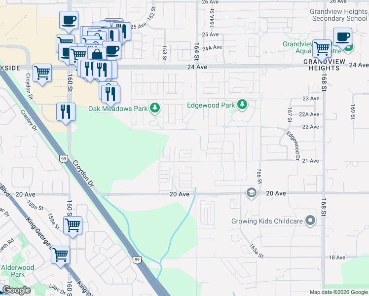 map of restaurants, bars, coffee shops, grocery stores, and more near 16355 21 Avenue in Surrey