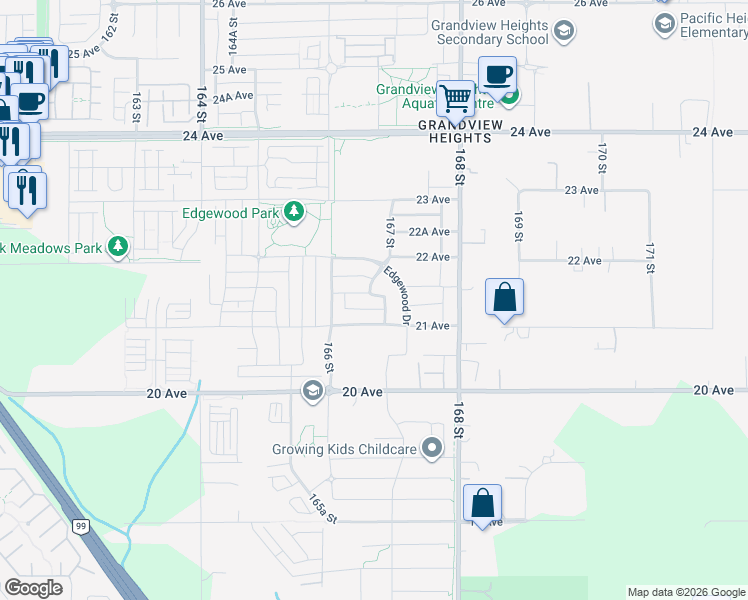map of restaurants, bars, coffee shops, grocery stores, and more near 2143 167 Street in Surrey
