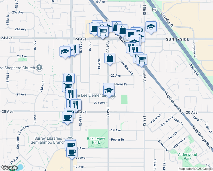 map of restaurants, bars, coffee shops, grocery stores, and more near 2147 154 Street in Surrey