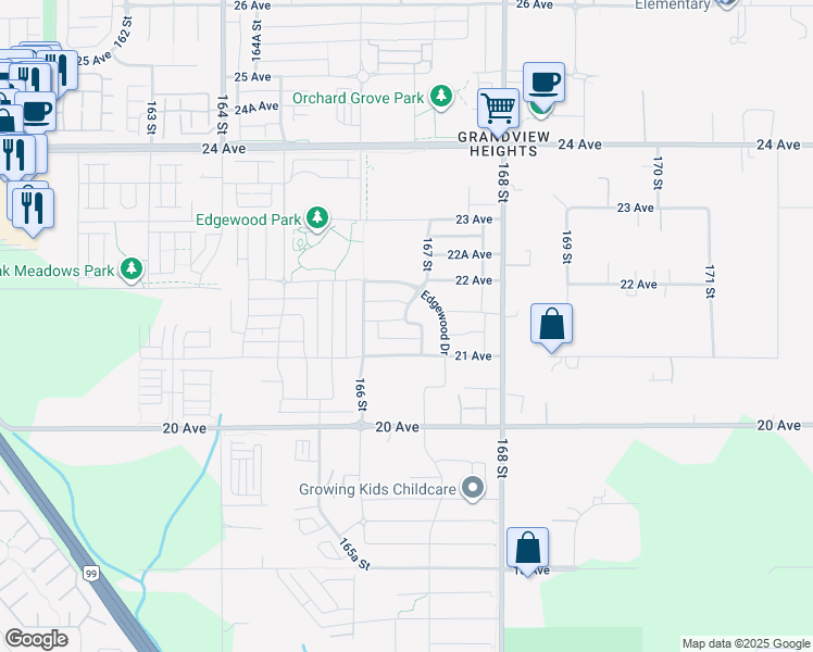 map of restaurants, bars, coffee shops, grocery stores, and more near in Surrey