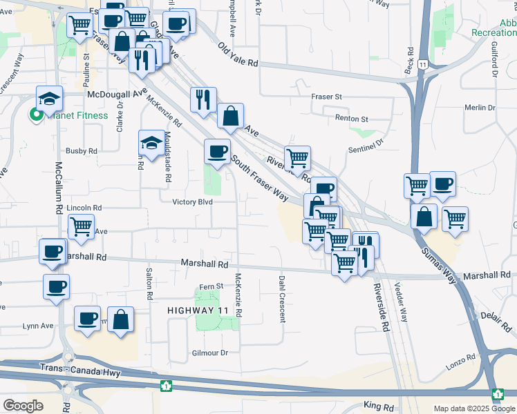 map of restaurants, bars, coffee shops, grocery stores, and more near 2130 McKenzie Road in Abbotsford