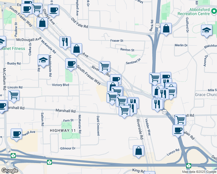 map of restaurants, bars, coffee shops, grocery stores, and more near 39200 South Fraser Way in Abbotsford
