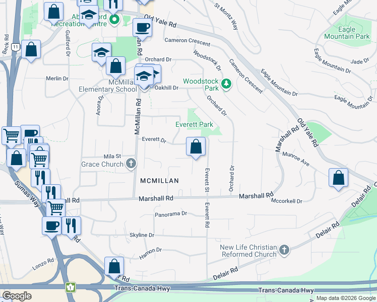 map of restaurants, bars, coffee shops, grocery stores, and more near 2157 Essex Drive in Abbotsford