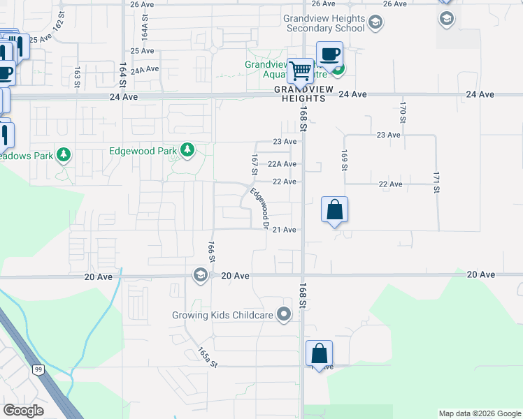 map of restaurants, bars, coffee shops, grocery stores, and more near 16750 Edgewood Drive in Surrey