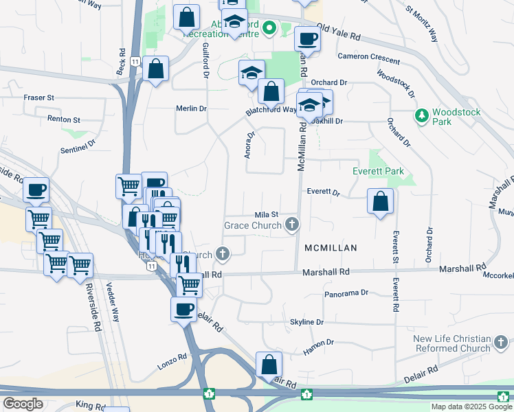 map of restaurants, bars, coffee shops, grocery stores, and more near 2153 Mowbray Court in Abbotsford