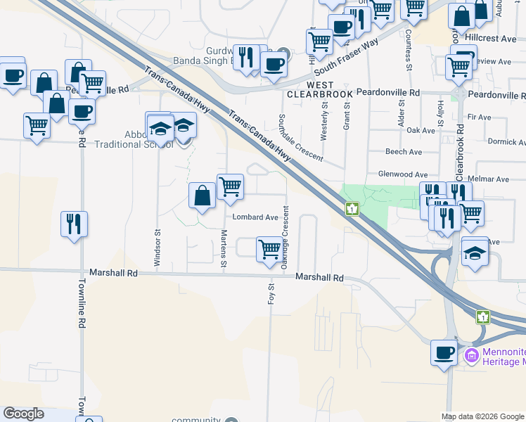 map of restaurants, bars, coffee shops, grocery stores, and more near 31573 Lombard Avenue in Abbotsford