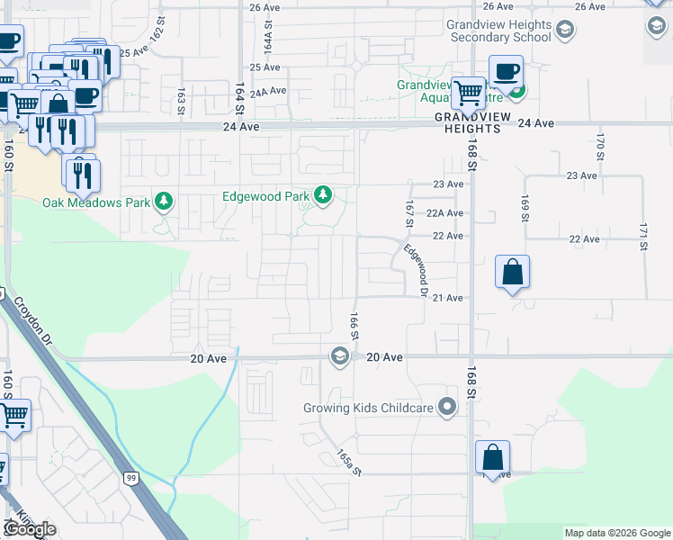 map of restaurants, bars, coffee shops, grocery stores, and more near 2136 165B Street in Surrey