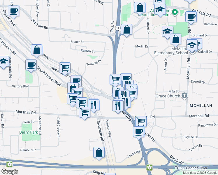 map of restaurants, bars, coffee shops, grocery stores, and more near 34395 Gladys Avenue in Abbotsford