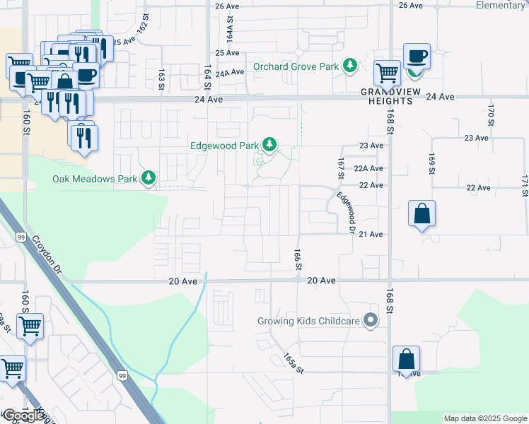 map of restaurants, bars, coffee shops, grocery stores, and more near in Surrey