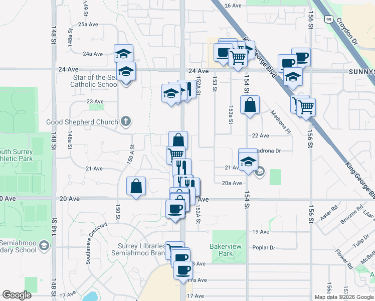 map of restaurants, bars, coffee shops, grocery stores, and more near 2150 152 Street in Surrey