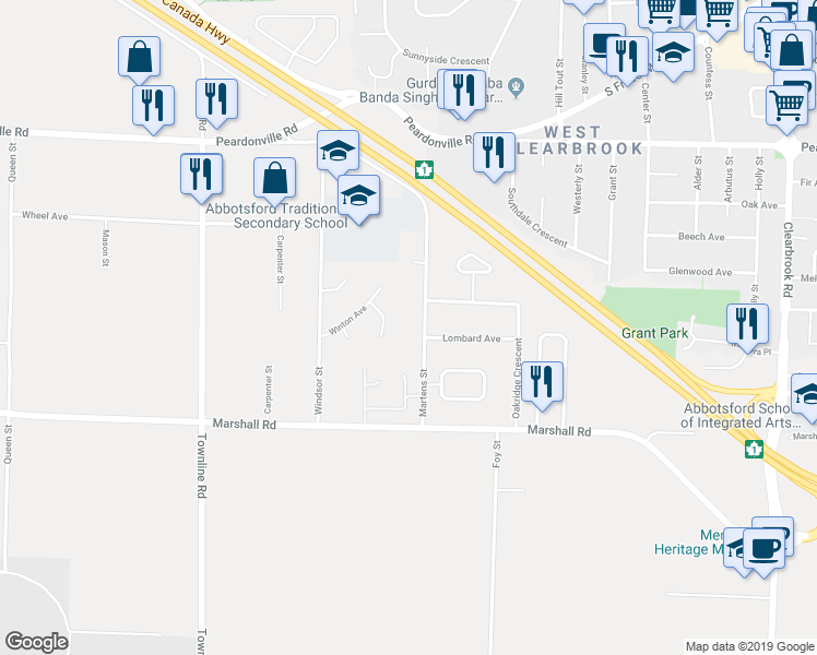 map of restaurants, bars, coffee shops, grocery stores, and more near 2141 Martens Street in Abbotsford
