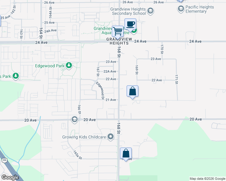 map of restaurants, bars, coffee shops, grocery stores, and more near 16792 21A Avenue in Surrey